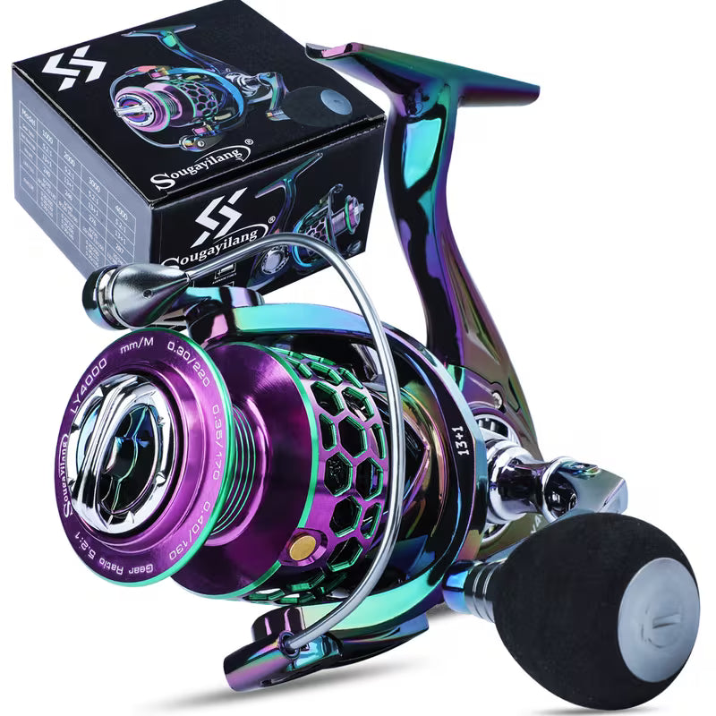 Sougayilang Ultra Smooth Spinning Fishing Reel, 13+1BB, Lightweight Aluminum Alloy, Ambidextrous Handle, Vibrant Iridescent Finish - Ideal for Freshwater & Saltwater Fishing, Fishing Gear