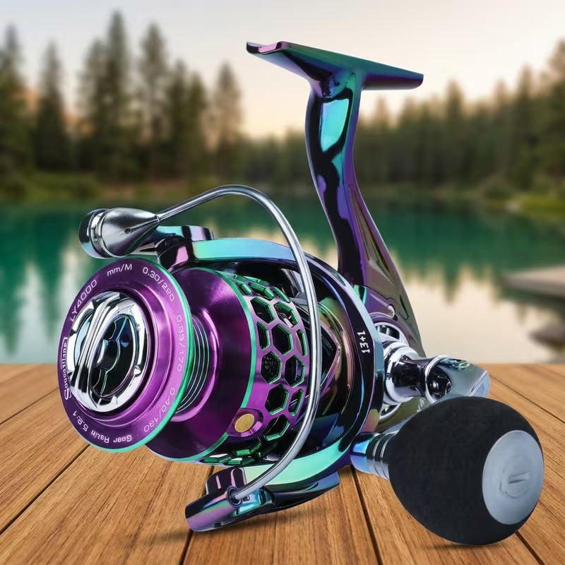 Sougayilang Ultra Smooth Spinning Fishing Reel, 13+1BB, Lightweight Aluminum Alloy, Ambidextrous Handle, Vibrant Iridescent Finish - Ideal for Freshwater & Saltwater Fishing, Fishing Gear